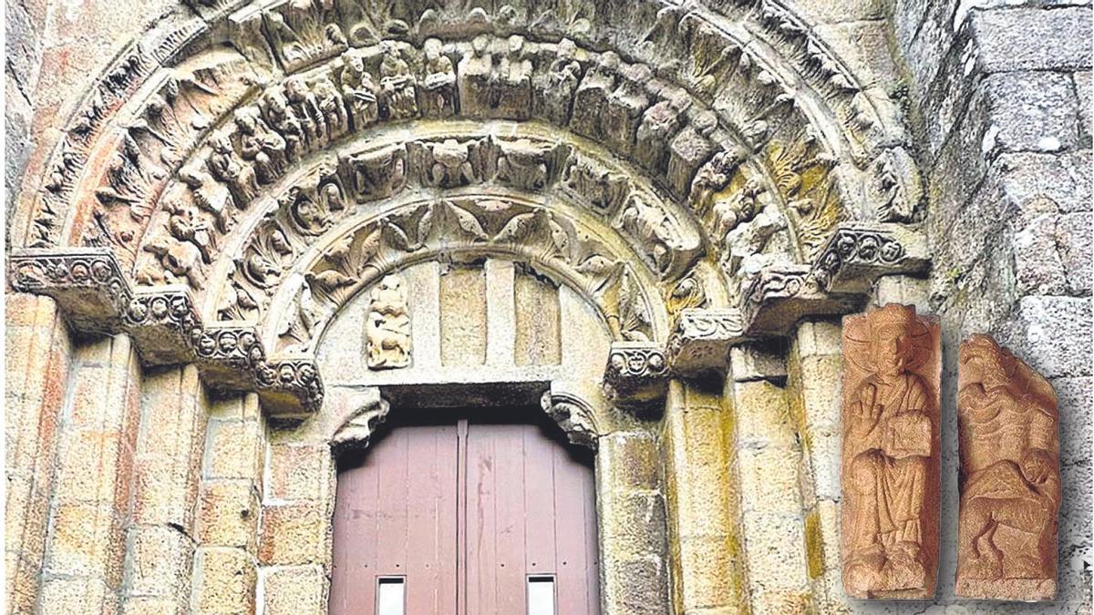 Pórtico do mosteiro de Carboeiro coas dúas estatuas faltantes sobreimpresionadas.