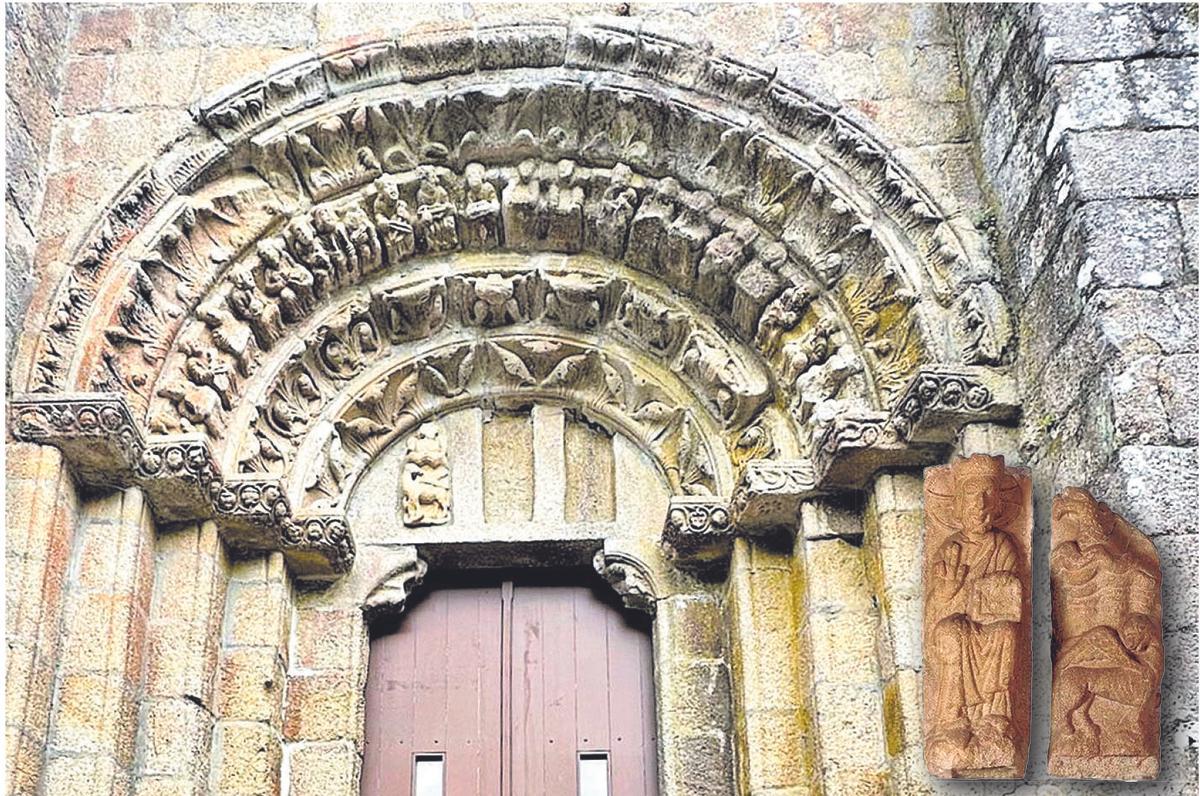 Pórtico do mosteiro de Carboeiro coas dúas estatuas faltantes sobreimpresionadas.