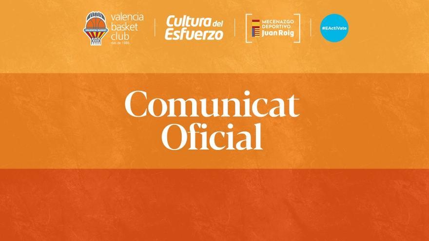 Comunicado oficial sobre un positivo por COVID-19 en las filas del Valencia Basket