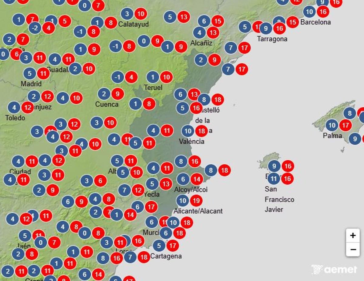 Máximas y mínimas previstas para el 9 de enero en la Comunitat Valenciana.