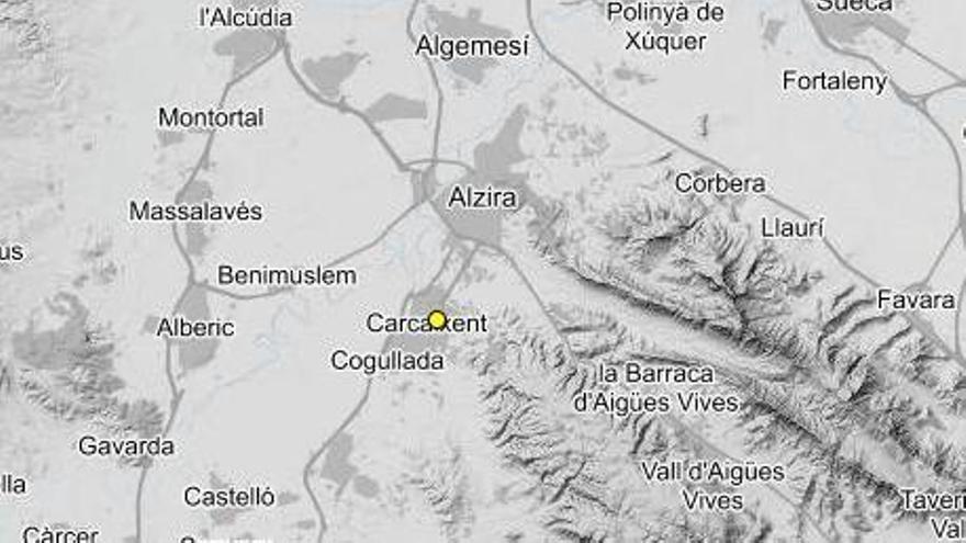 Localización del movimiento sístico registrado este martes por la noche en Carcaixent.