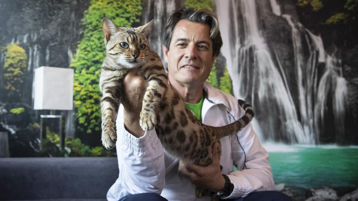 José Manuel Serván posa en su casa con uno de los gatos en brazos.