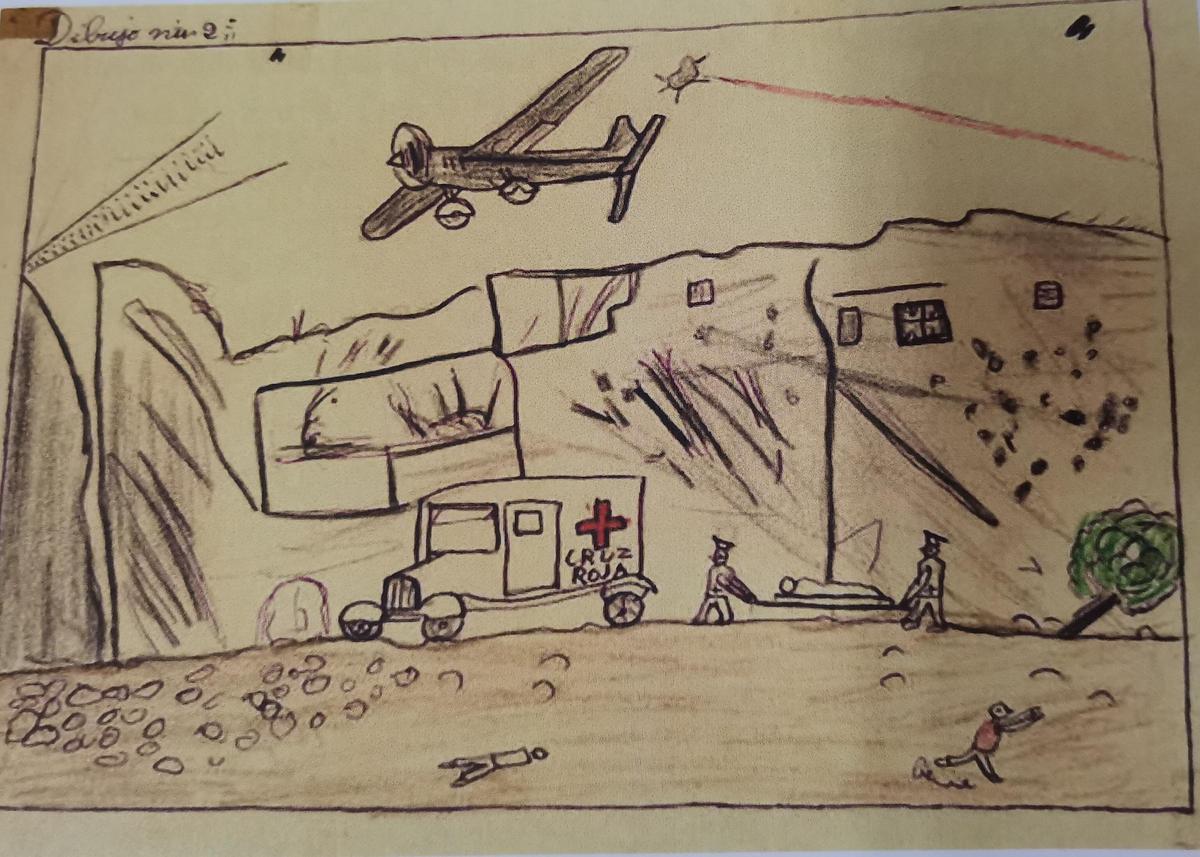 Dibuix de Mauricio Collados, quan tenia 11 anys, narrant amb dibuixos un bombardeig a Portbou.
