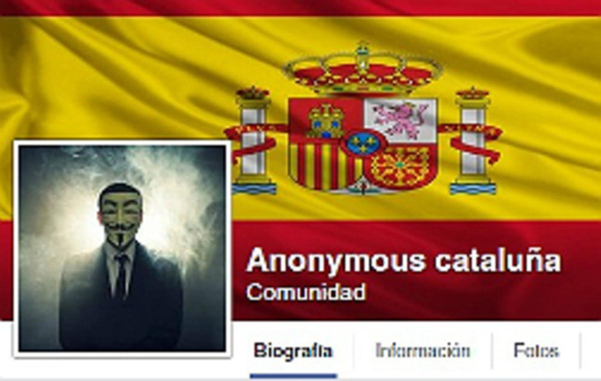 La pàgina de Facebook d’’Anonymous Catalunya’. La pàgina de Facebook d’’Anonymous Catalunya’.