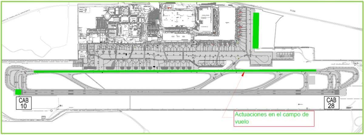 Mapa donde se reflejan las actuaciones realizadas (en verde) en el aeropuerto alicantino.