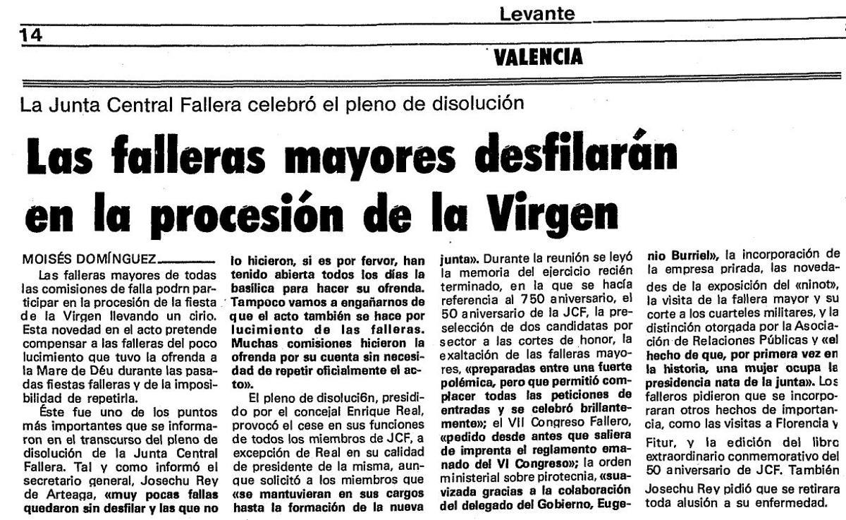 Información del estreno de las Fallas en la procesión, publicado el 22 abril 1989
