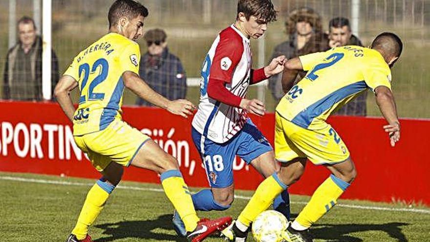 Herrera y Fortes, futbolistas del filial, tratan de rebañar un balón a Pablo García, del Sporting B.