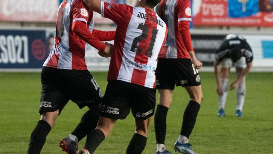 Los jugadores del Zamora celebran el gol de Baldrich. / | JOSÉ LUIS FERNÁNDEZ