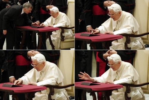 Combination picture shows Pope Benedict XVI posting his first tweet using iPad tablet after his Wednesday general audience at Vatican