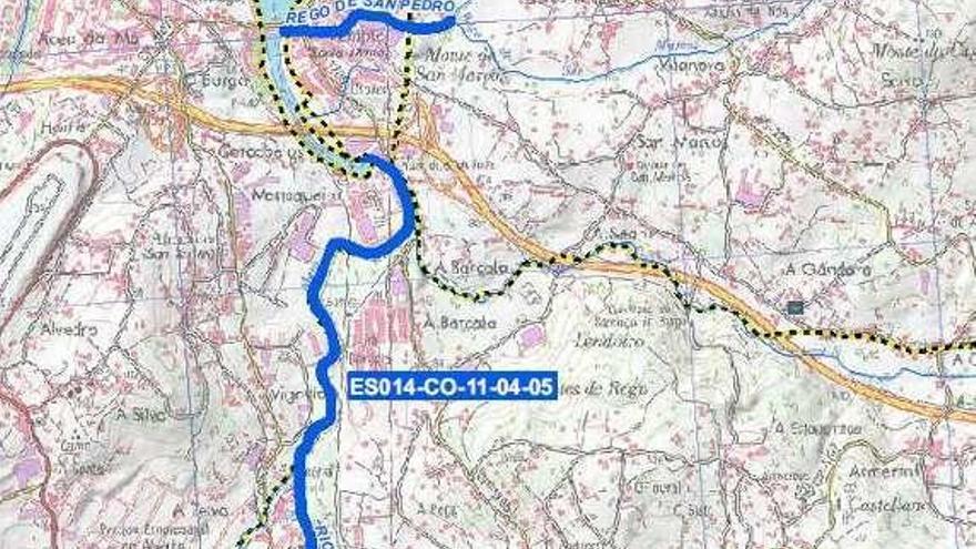 Oleiros-Cambre. El mapa de riesgo de inundaciones incluye la cuenca del Mero y el río de San Pedro pero éste último solo en la parte de O Temple (Cambre), no aguas arriba en A Veiga (Oleiros) donde hubo las inundaciones.