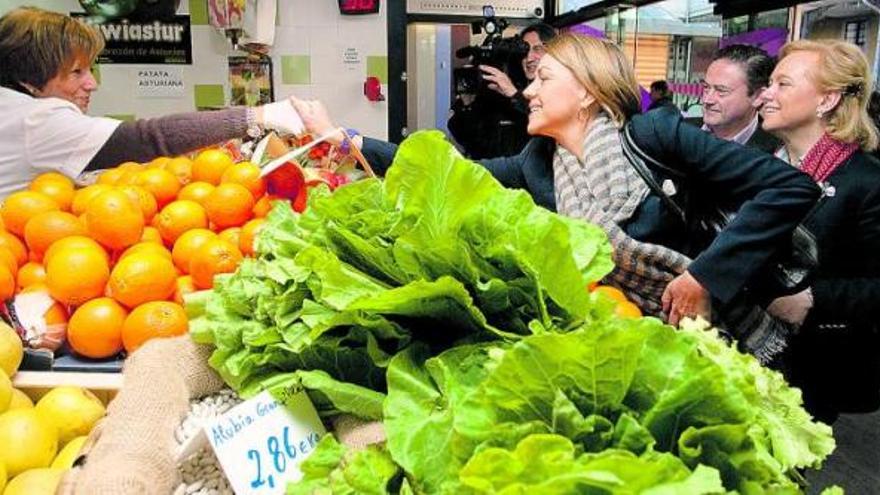 María Dolores de Cospedal saluda a una comerciante del mercado de abastos de Avilés en presencia de Mercedes Fernández y de Joaquín Aréstegui.