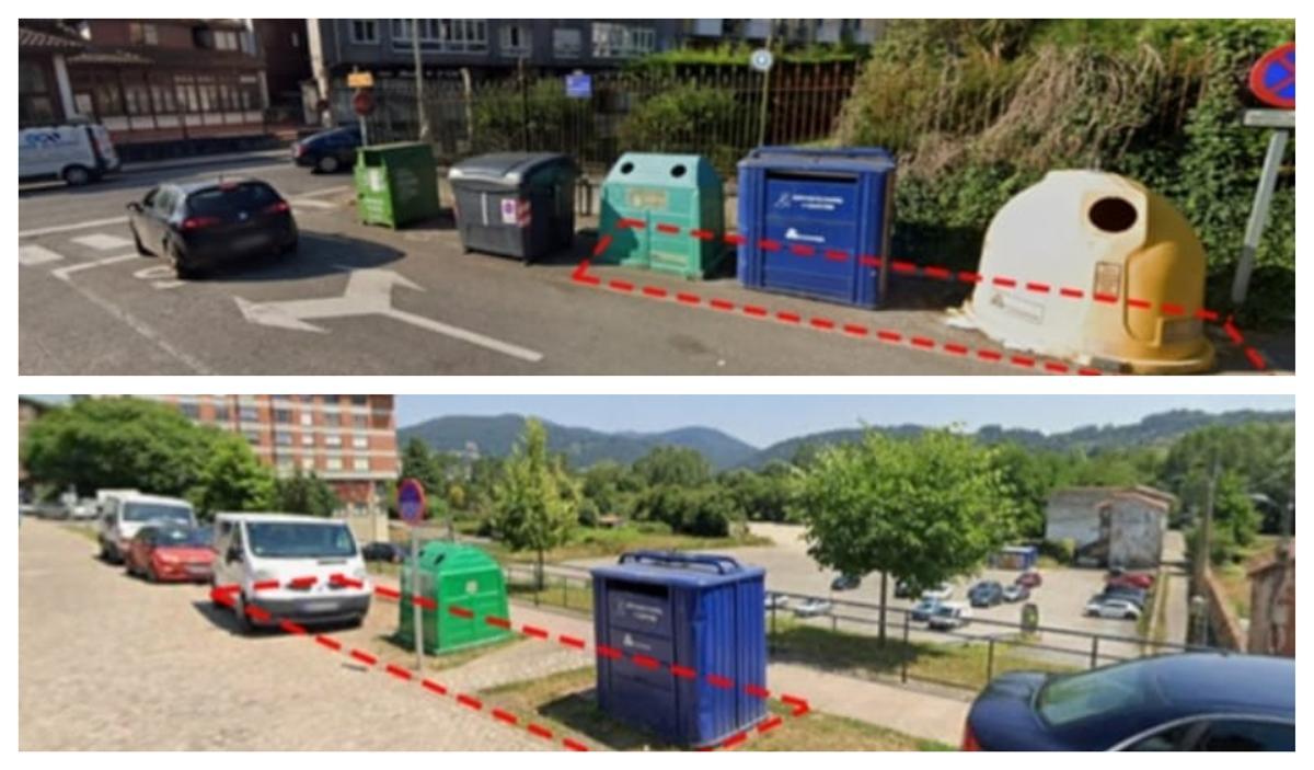 Vista actual de dos de lass zonas donde van a instalarse los nuevos contenedores soterrados. Arriba, los actuales de Maestra Benicia, y en la imagen inferior, los de Cerro de la Muralla.