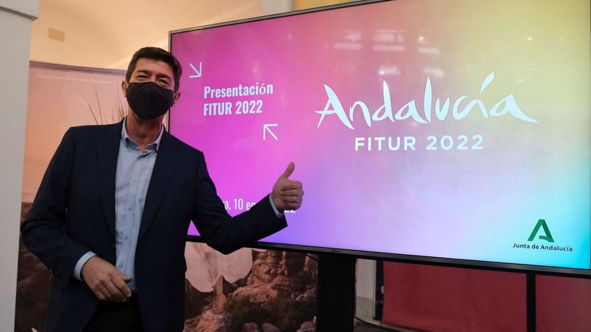 El consejero de Turismo, Juan Marín, durante la presentación de las actividades a llevar a cabo en Fitur. | EUROPA PRESS