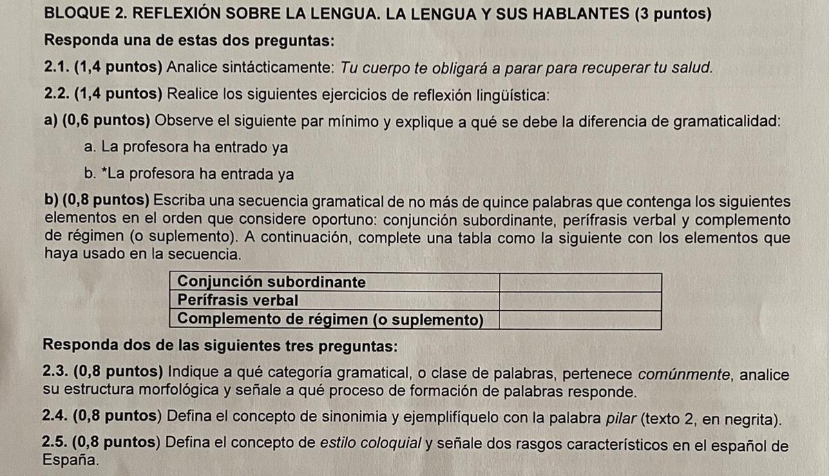 Bloque 2 del examen de Lengua y Literatura de la modalidad de Ciencias en Madrid
