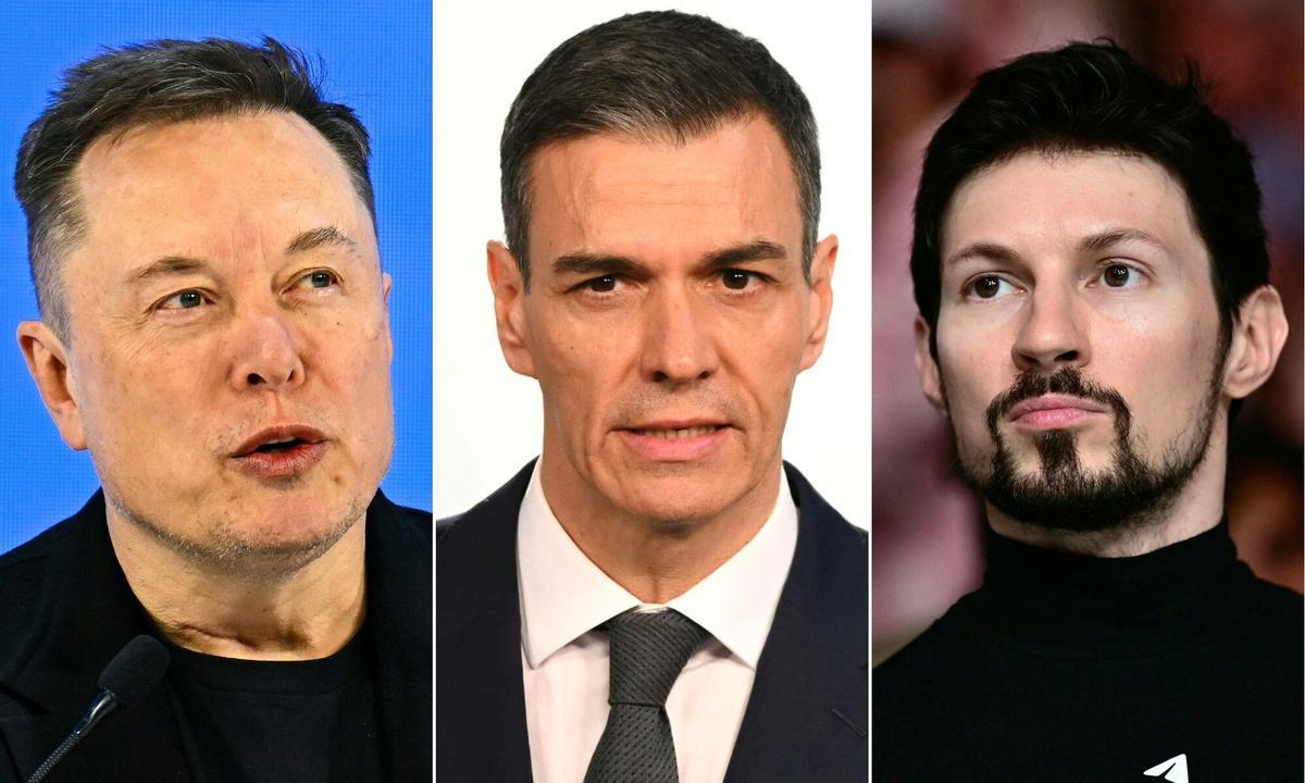 Elon Musk. dueño de X; Pedro Sánchez, presidente de España; Pavel Durov, dueño de Telegram