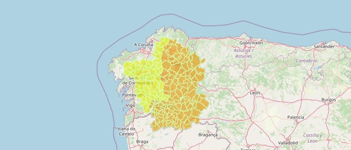 Mapa de Galicia con las zonas en alerta amarilla y naranja por lluvias y tormenta.