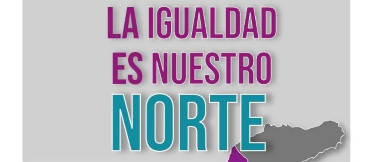 En el acto de este martes 8 de marzo de 2022 se presentó el nuevo cartel de la Red de Municipios por la Igualdad de Género del Norte de Tenerife, que incluye el lema «La igualdad es nuestro norte» y resalta, sobre un mapa de Tenerife, a los municipios que integran este colectivo fundado en 2018 para coordinar acciones en pro de la igualdad desde las vertientes política y técnica. Una mujer y un hombre subidos en dos escaleras recuerdan el trabajo por hacer. | el día | | E.D.