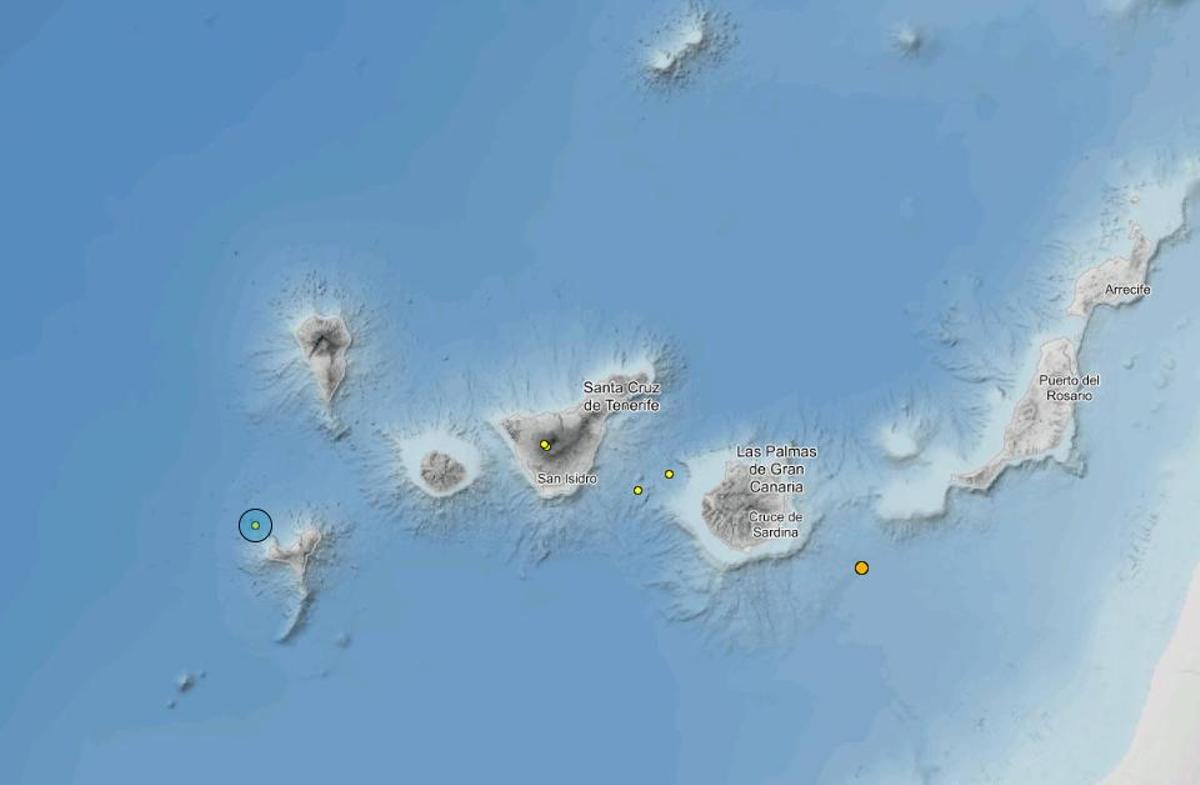 Mapa de Canarias con los registros de terremotos de los últimos días.