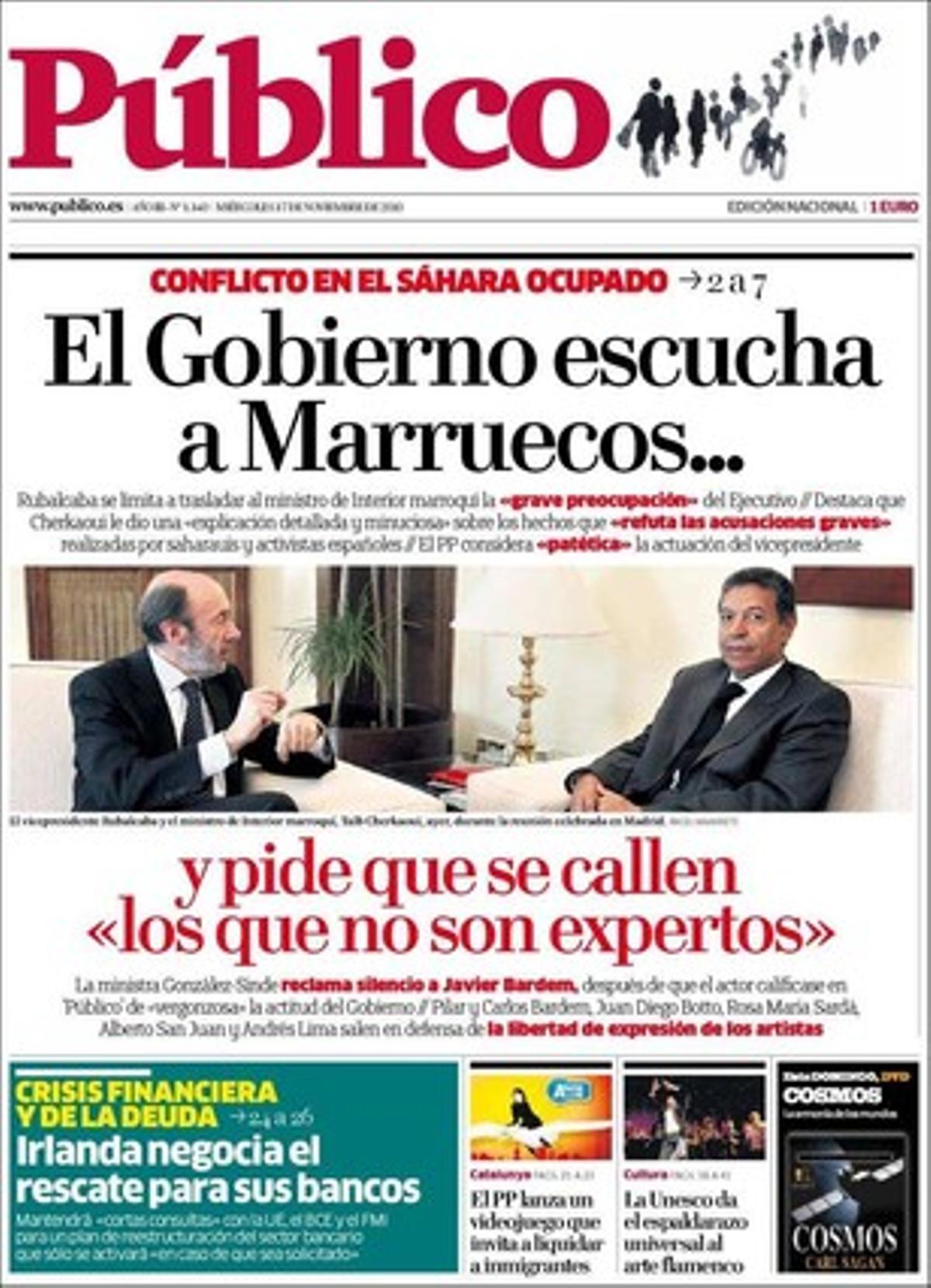 A les pàgines interiors ’Público’ destaca a més que Espanya va vendre a Rabat armes per 31 milions d’euros el 2009 i que ICV pregunta al Govern al Parlament si té garanties que aquestes no s’usen al Sàhara; entrevista Sidi Daddach, anomenat el Mandela sahrauí --L’oposició del Govern espanyol no es pot entendre--, que va estar 24 anys en presons marroquines. També ressalta que María Dolores de Cospedal es nega a aclarir per què cobra un 30% més el 2009.