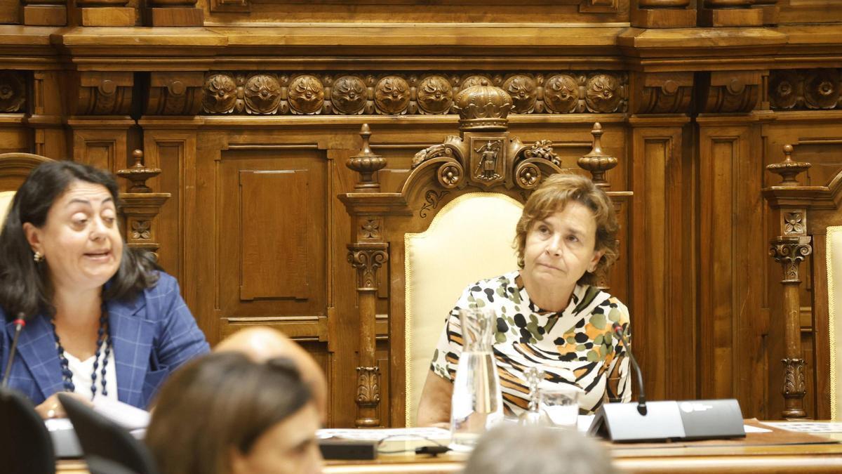 Carmen Moriyón sigue las deliberaciones del pleno junto a la vicesecretaria, Amada Corcés.