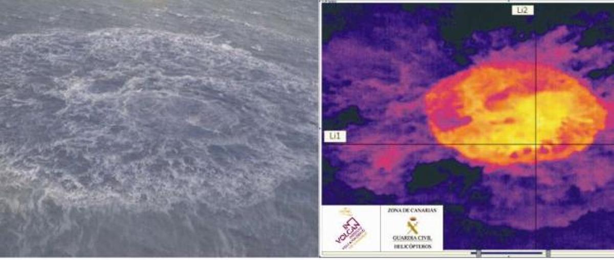 A la izquierda, la zona central de la erupción; a la derecha, la imagen térmica del fenómeno. / efe