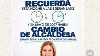 El PP de Manises reclama la autoría del cartel sobre el cambio de hora similar a uno de Pilar Bernabé