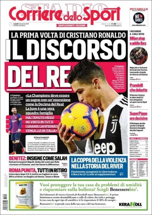 Portada CORRIERE DELLO SPORT lunes 10 diciembre