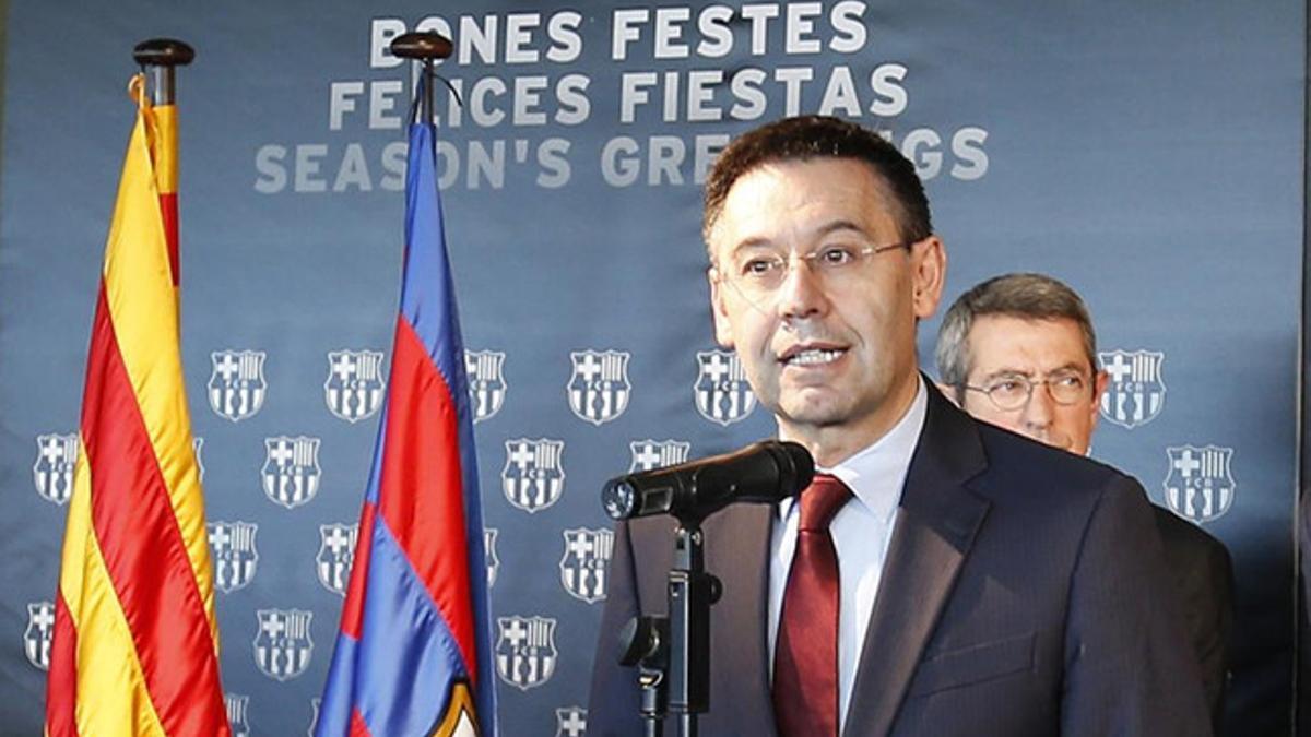 Josep Maria Bartomeu, presidente del Barça, durante su discurso en el almuerzo de Navidad con los medios de comunicación