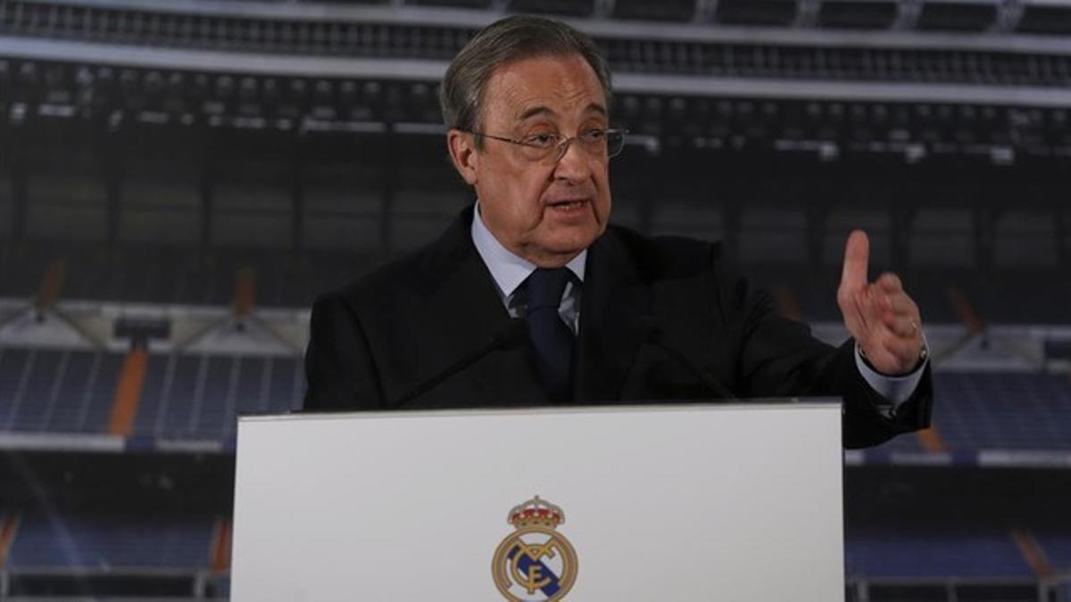 tFlorentino Pérez, durante su comparecencia ante la prensa del pasado día 4