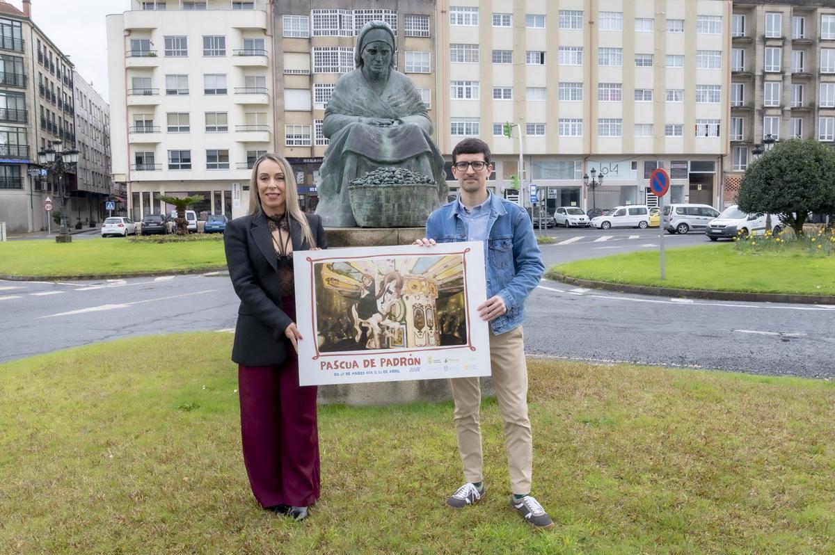 La concejala Chus Campos y el alcalde Anxo Arca con el cartel de la Pascua