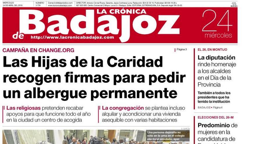 Esta es la portada de LA CRÓNICA DE BADAJOZ correspondiente al día 24 de abril del 2019