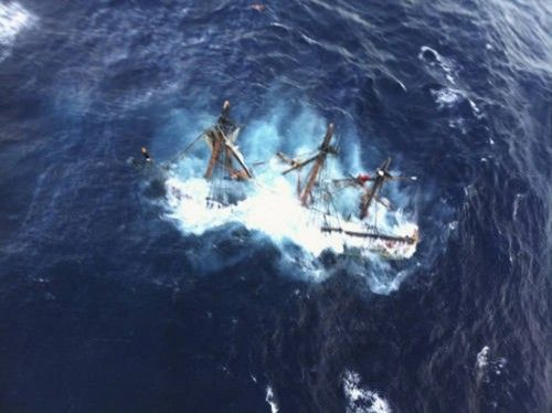 The HMS Bounty is shown submerged in the Atlantic Ocean during Hurricane Sandy approximately 90 miles southeast of Hatteras, North Carolina