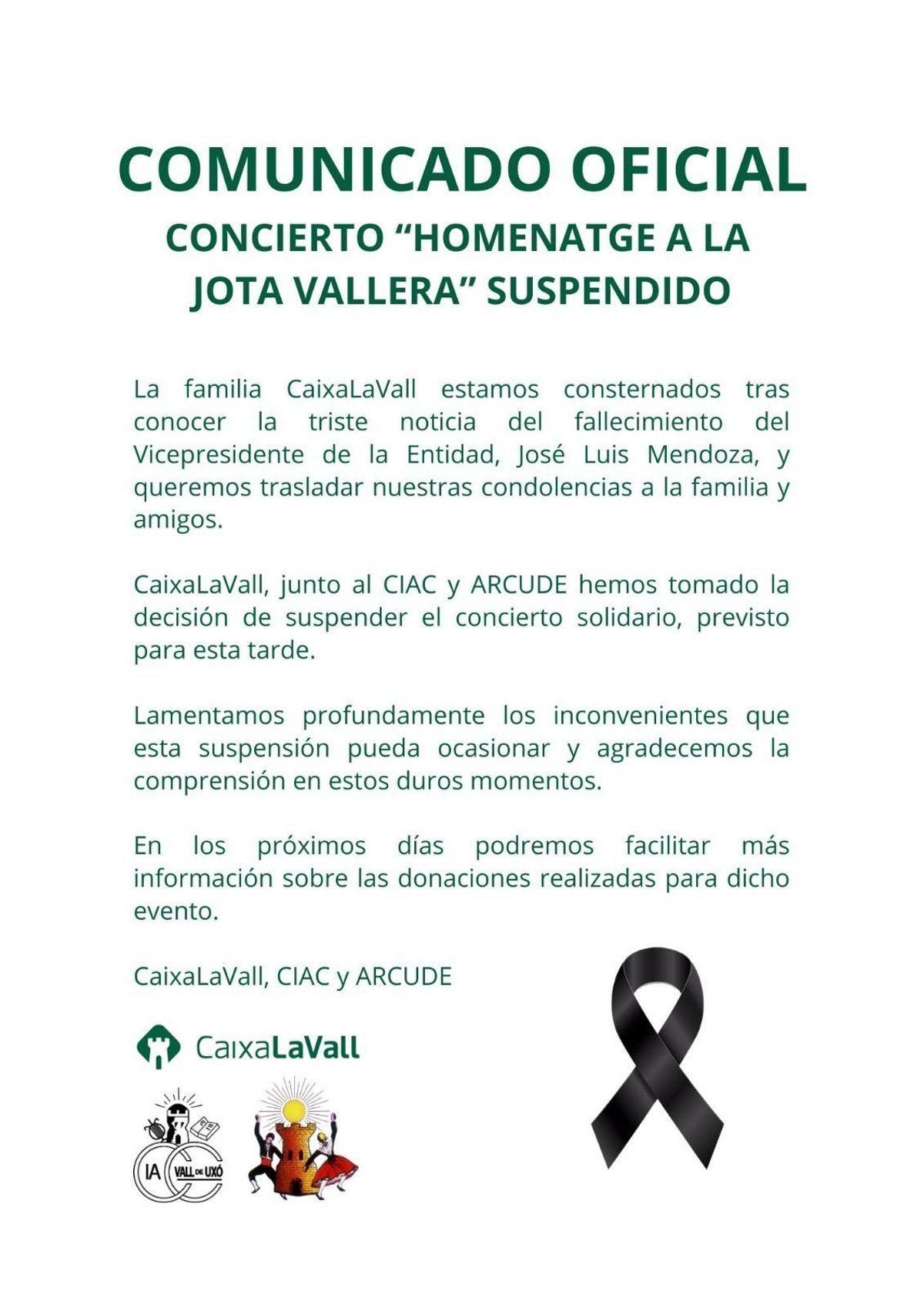 Comunicado de Caixa la Vall en el que suspende el concierto de este domingo.