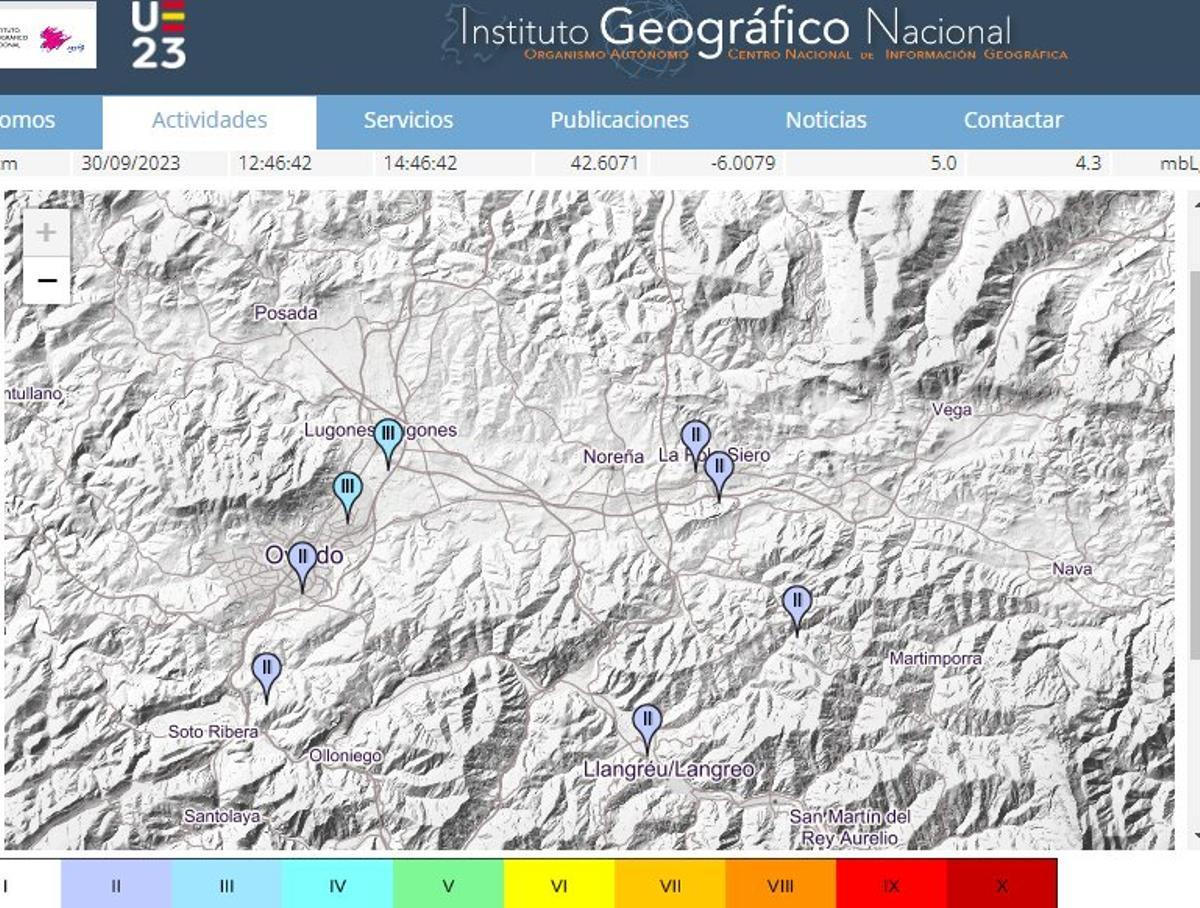 Captura de la pantalla del Instituto Geográfico Nacional que señala la Pola, La Belga y Lugones como puntos en los que se notó el seísmo.
