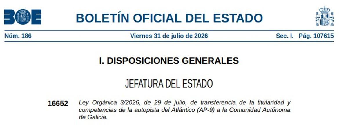 Disposición en el BOE de la ley de transferencia de la AP-9 a Galicia.