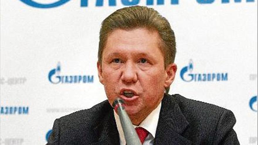 El president de Gazprom en la roda de premsa d&#039;ahir a Moscou, on va anunciar la puja del preu del gas.