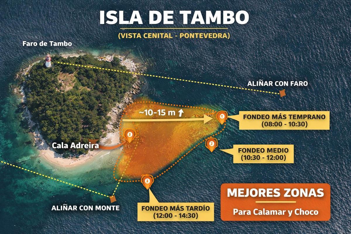 Infografía realizada con apoyo de la IA por un grupo de gallegos que este viernes pescó en las proximidades de la Isla de Tambo (Poio).