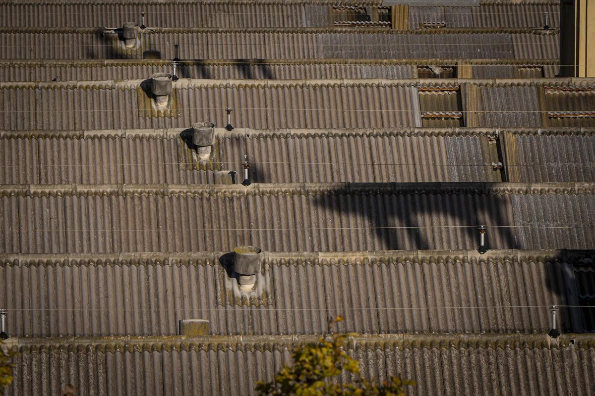 Techos de fibrocemento, que contiene amianto, en el pabellón Alfons XIII, en la Fira de Barcelona.