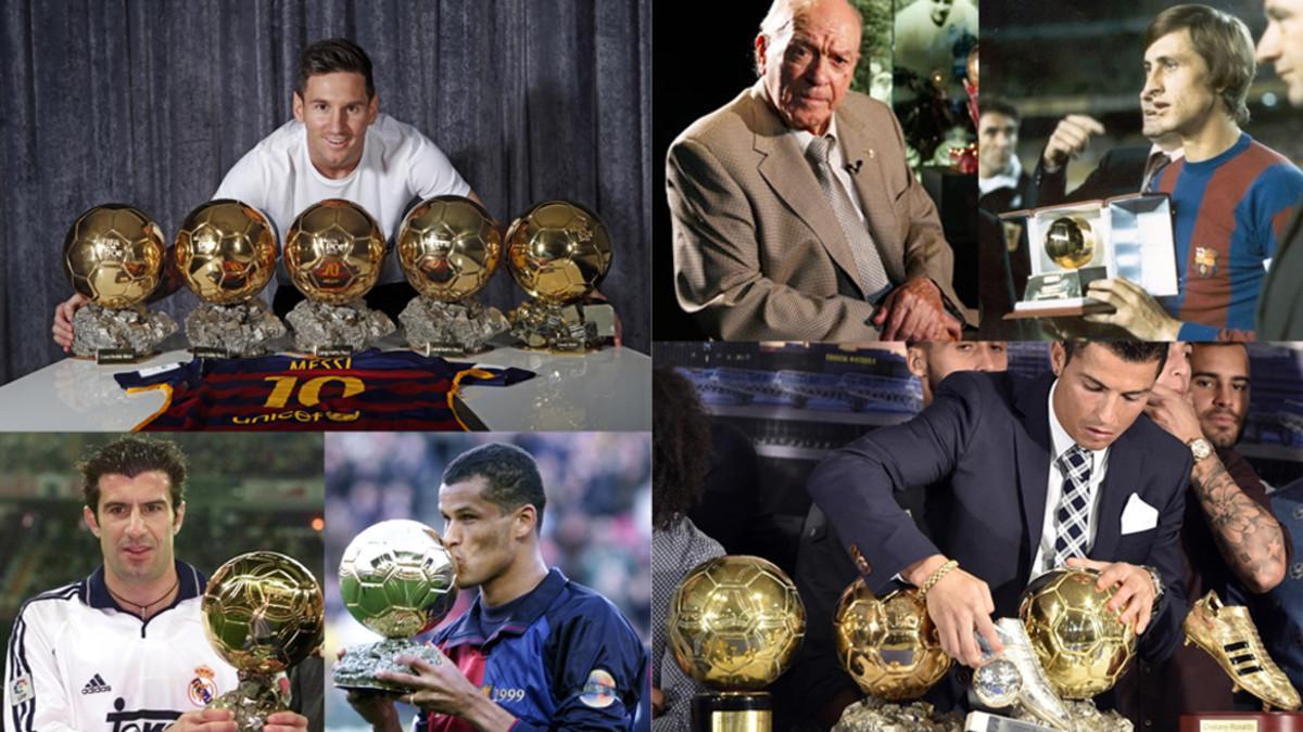 De arriba abajo y de izquierda a derecha: Leo Messi, Alfredo Di Stéfano, Johan Cruyff, Luis Figo, Rivaldo y Cristiano Ronaldo