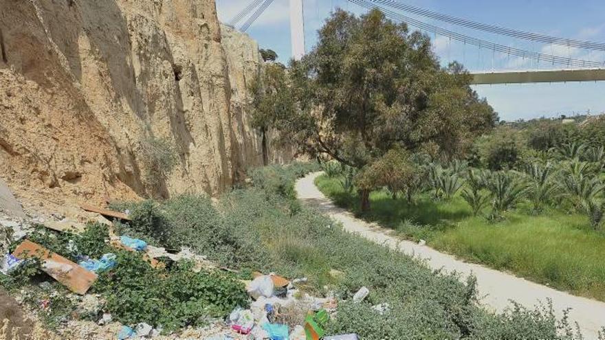 Los trabajos de limpieza y recogida en la ladera se están haciendo con cuerdas de seguridad.