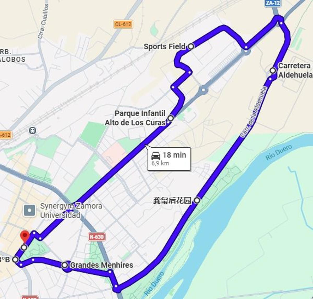 Una de las tres rutas de los autobuses nocturnos gratuitos de Zamora.