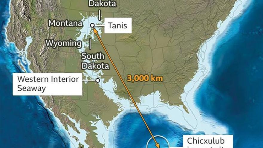 América del Norte hace 66 millones de años, en el que se aprecia la vía de agua que se abrió después del impacto.