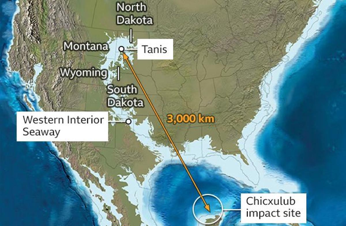 América del Norte hace 66 millones de años, en el que se aprecia la vía de agua que se abrió después del impacto.