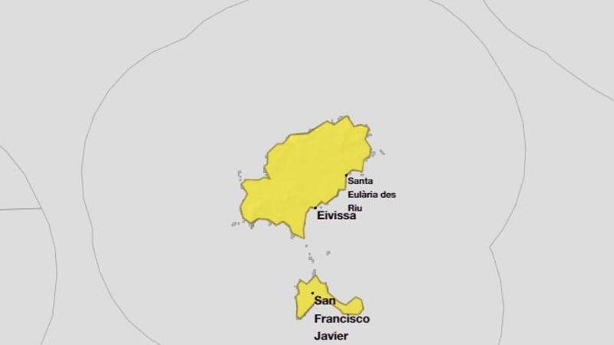 Mapa de la Aemet, con riesgo amarillo para las Pitiusas por fuertes lluvias.