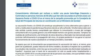 Este es el documento que deben firmar los llamados a vacunarse que quieran rechazar Pfizer y cambiarla por Astrazeneca en Asturias