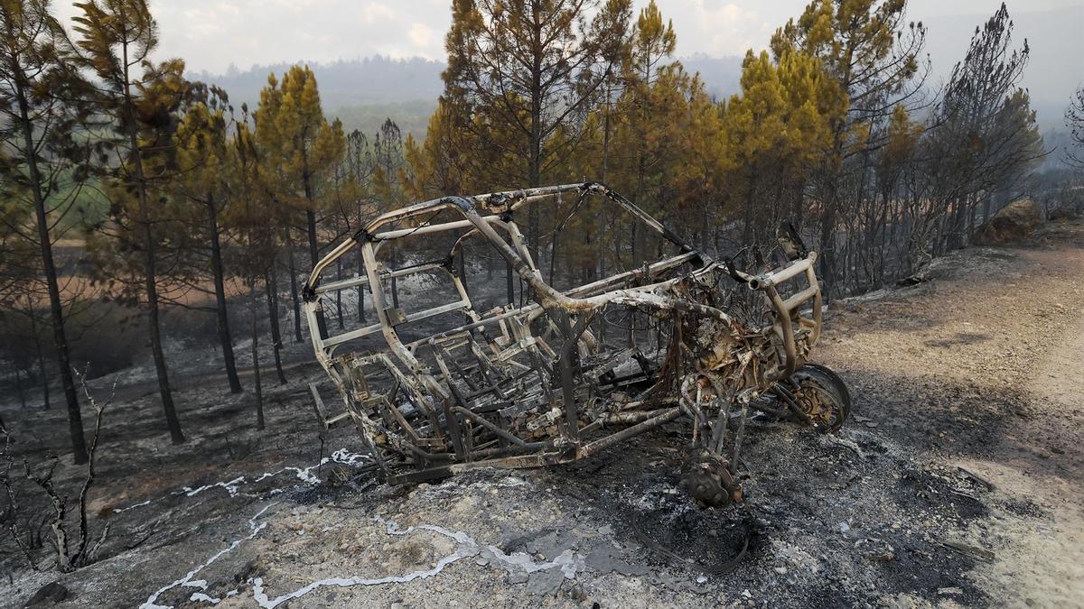 Un vehículo completamente calcinado en la &#039;zona cero&#039; del incendio de Bejís