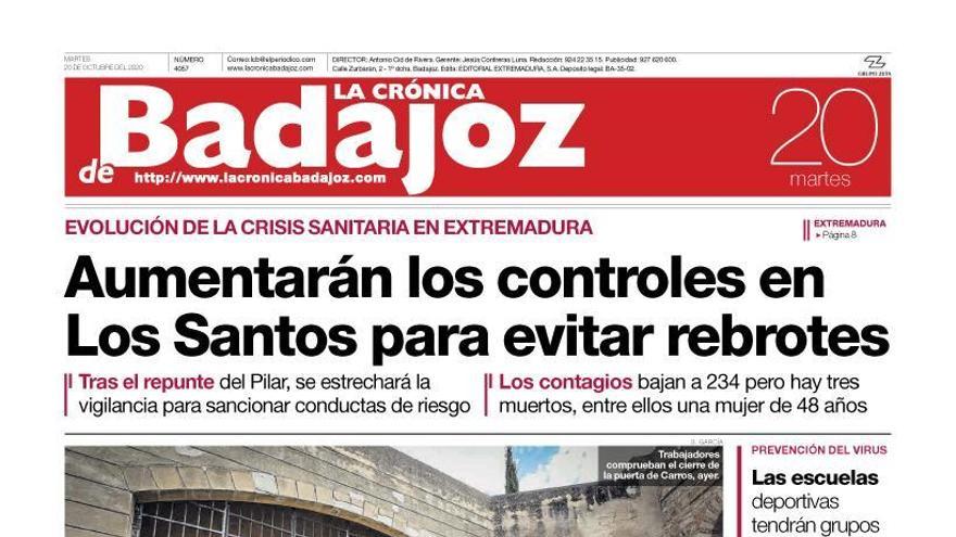 Esta es la portada de LA CRÓNICA DE BADAJOZ correspondiente al día 20 de octubre del 2020