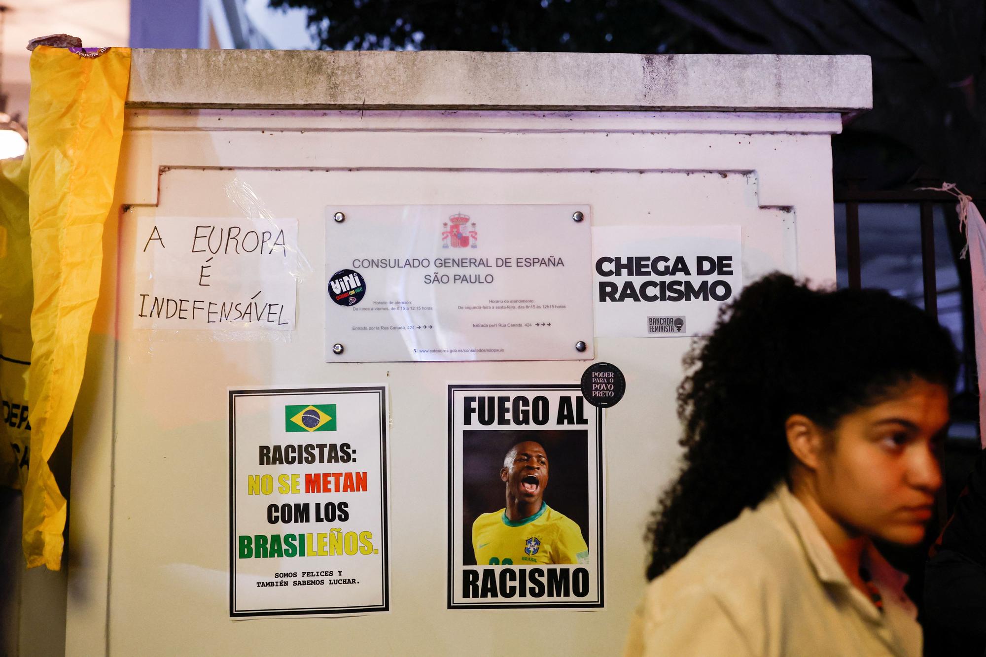 People protest in solidarity with Real Madrid soccer player Vinicius Jr, who was racially abused during a club match in Spain, in Sao Paulo