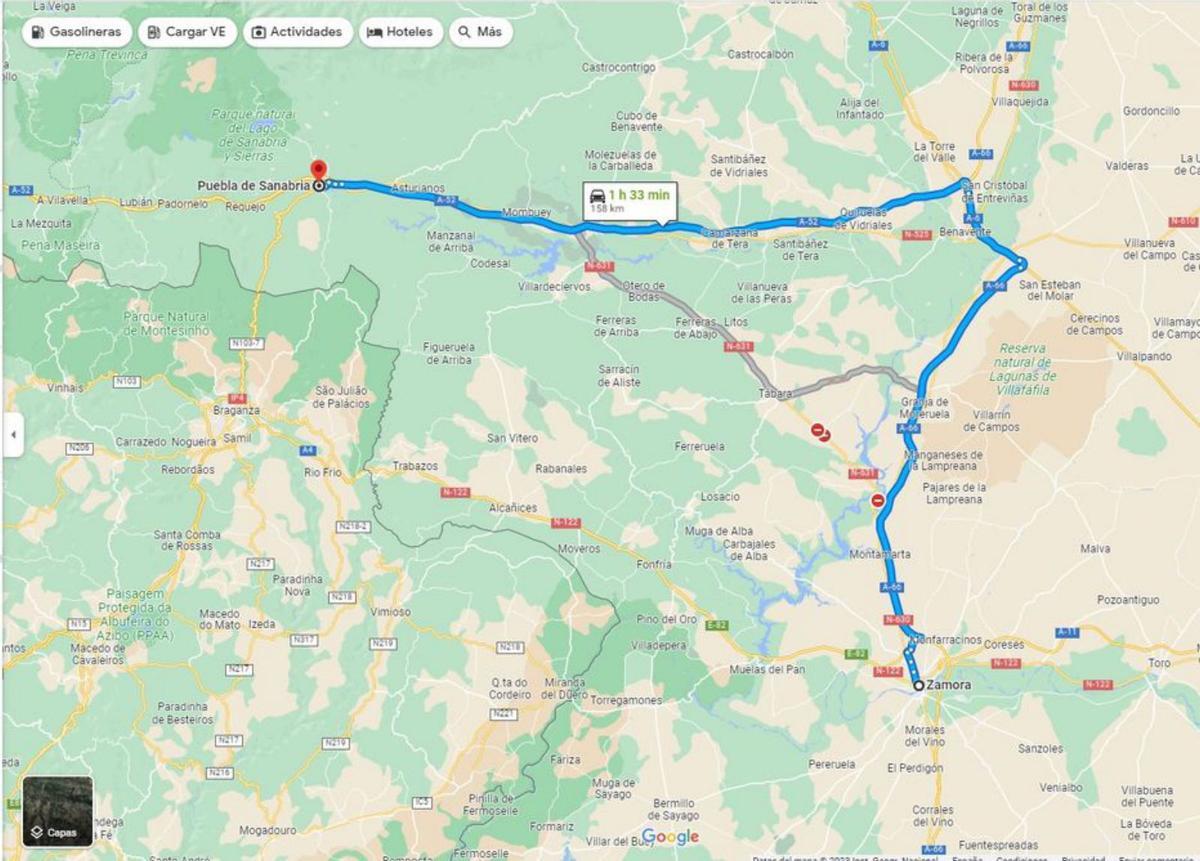 Itinerario de Google Maps que indica la carretera cortada. | LOZ