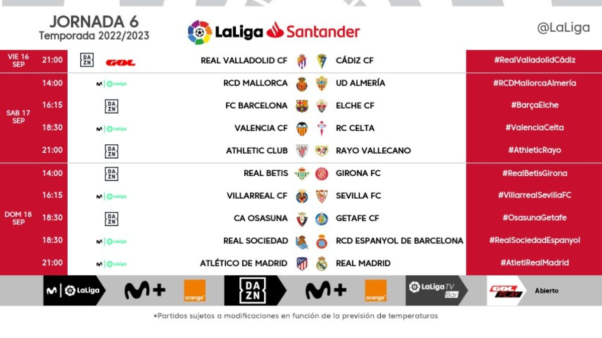 Horarios jornada 6 de LaLiga Santander